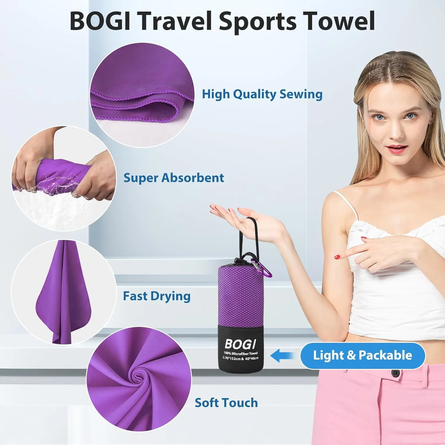 BOGI Microfiber Travel Sports Towel-Quick Dry Towel, Soft Lightweight Microfiber Camping Towel Absorbent Compact Travel Towel for Camping Gym Yoga Swimming Backpacking (XL:72''x32'' 16''x16''-Purple)