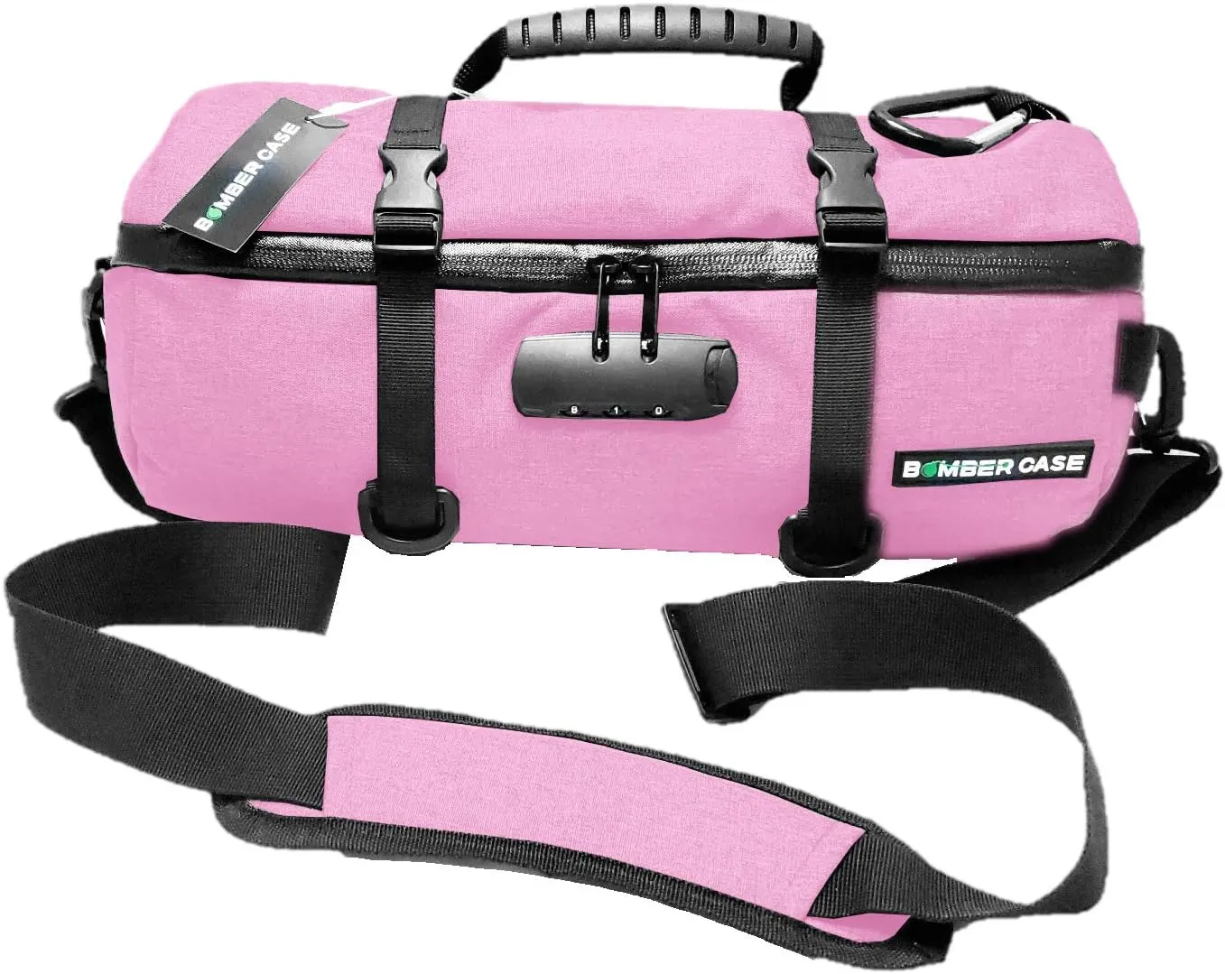 BOMBER CASE - Smell Proof Duffle Bag, Locking Sealed Zipper, Padded Interior, Internal Pockets, Adjustable Cinch Straps, Odor Proof Carbon Lined Filter, Combination Lock, Pink