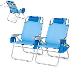 Bonnlo 2 Pack Backpack Beach Chair with 5-Position, Cup Holders, Cooler Bag, Towel Bar, Lightweight Folding Beach Camping Chairs for Adults Blue/Green/Rainbow Bag Chairs Reclining