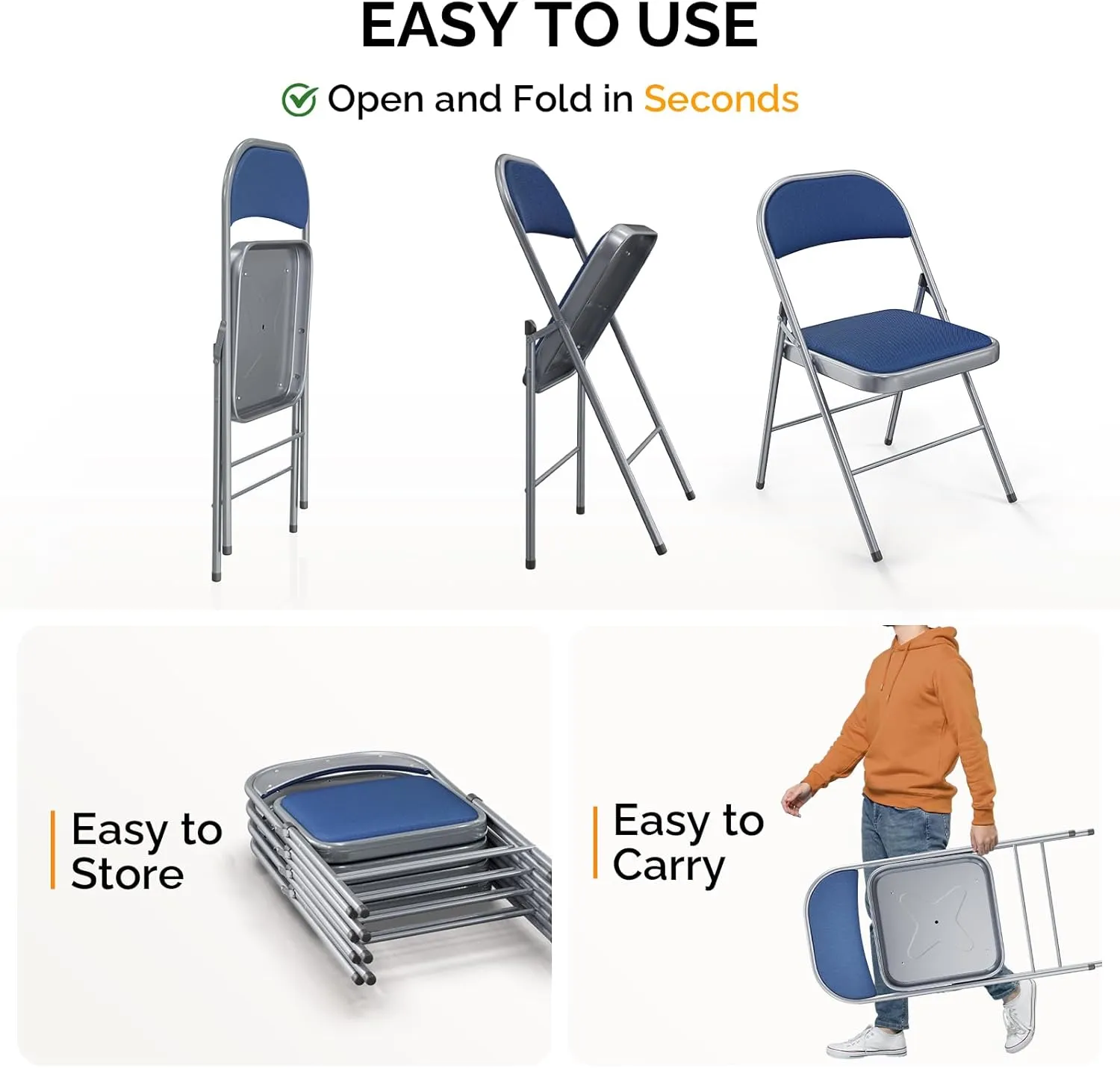 Bonnlo Folding Chair, Padded Folding Chairs with Cushion, Back and Steel Frame for Indoor Outdoor Outside Dinning Office Camping Use, Blue, 10 Pack