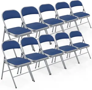 Bonnlo Folding Chair, Padded Folding Chairs with Cushion, Back and Steel Frame for Indoor Outdoor Outside Dinning Office Camping Use, Blue, 10 Pack