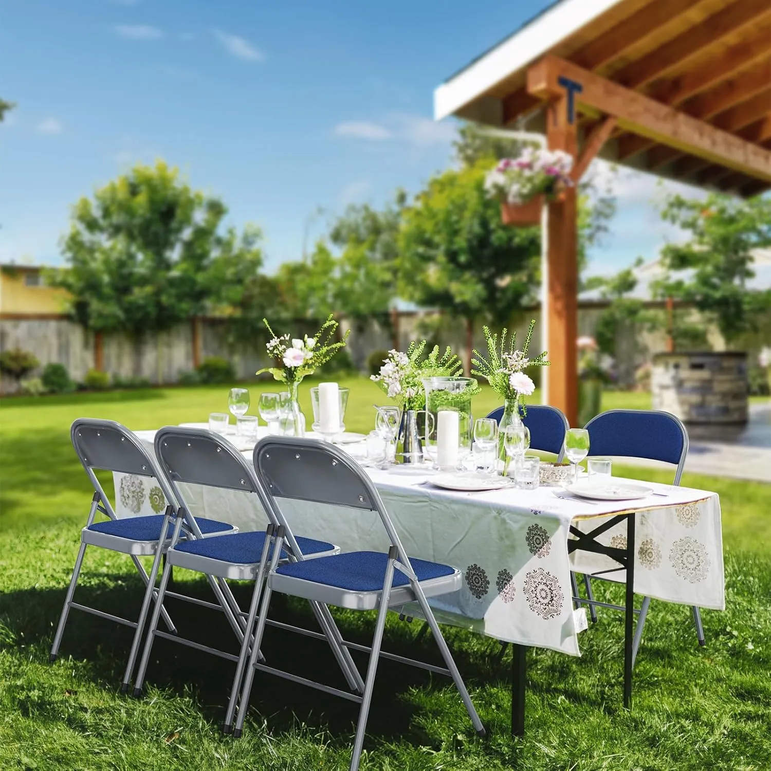 Bonnlo Folding Chair, Padded Folding Chairs with Cushion, Back and Steel Frame for Indoor Outdoor Outside Dinning Office Camping Use, Blue, 10 Pack