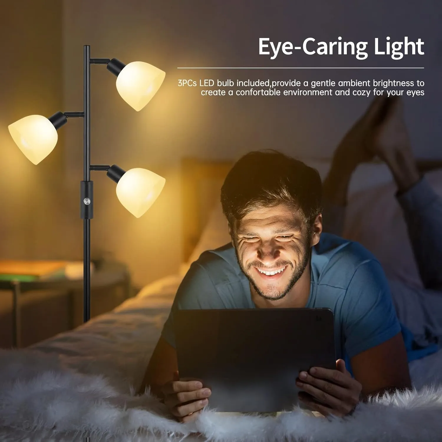 BoostArea Floor Lamp, Standing Lamp, Torchiere Floor Lamp with 3 Adjustable Rotating Lights, 3 Way Switch, 3PCs E12 4W LED Bulb Included, Metal Pole Lamps for Living Room, Bedroom, Home, Office