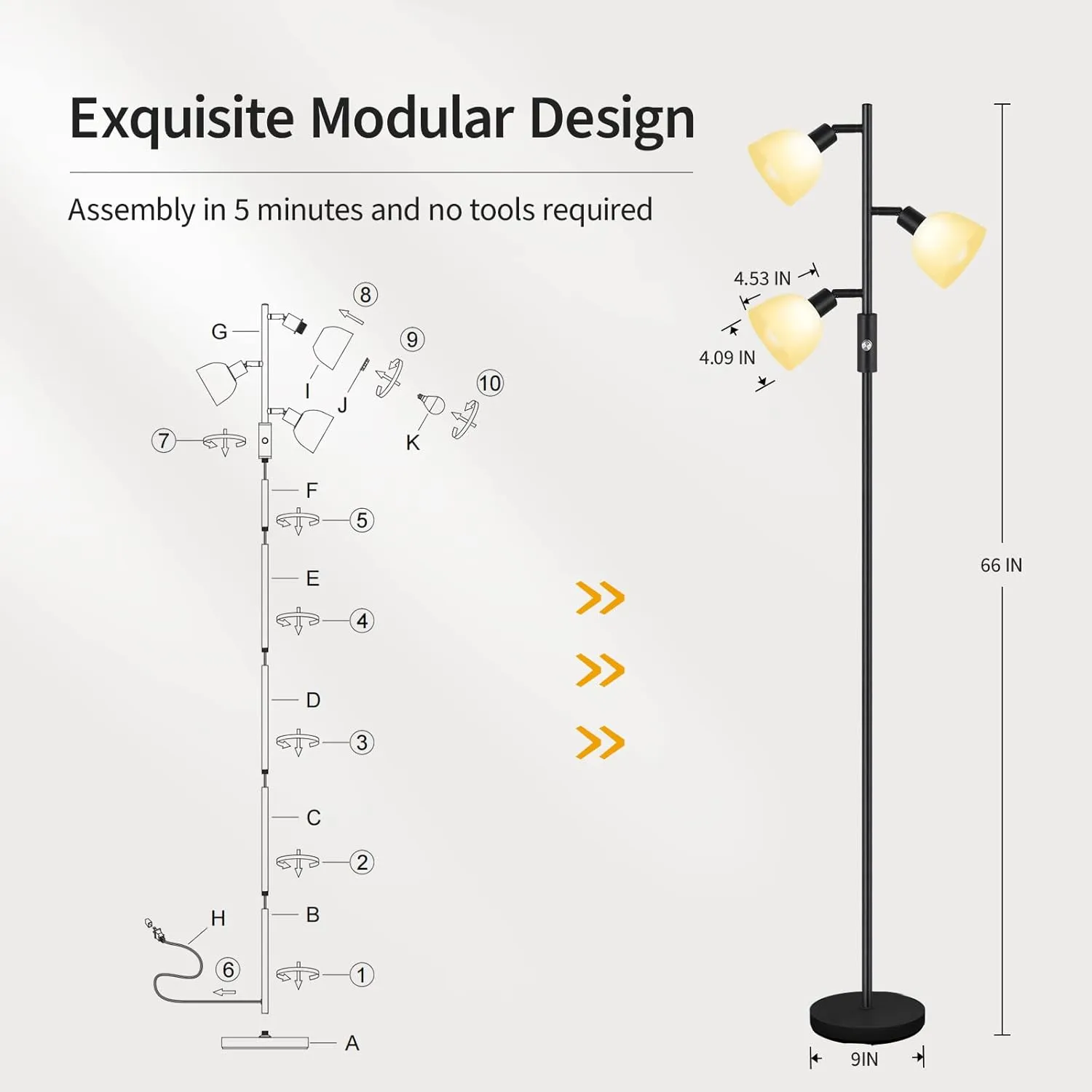 BoostArea Floor Lamp, Standing Lamp, Torchiere Floor Lamp with 3 Adjustable Rotating Lights, 3 Way Switch, 3PCs E12 4W LED Bulb Included, Metal Pole Lamps for Living Room, Bedroom, Home, Office