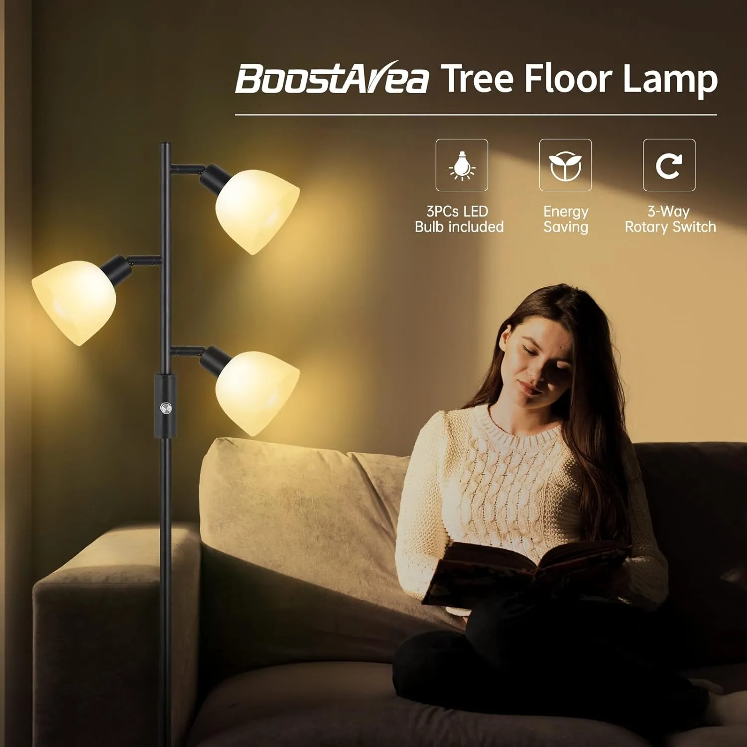 BoostArea Floor Lamp, Standing Lamp, Torchiere Floor Lamp with 3 Adjustable Rotating Lights, 3 Way Switch, 3PCs E12 4W LED Bulb Included, Metal Pole Lamps for Living Room, Bedroom, Home, Office