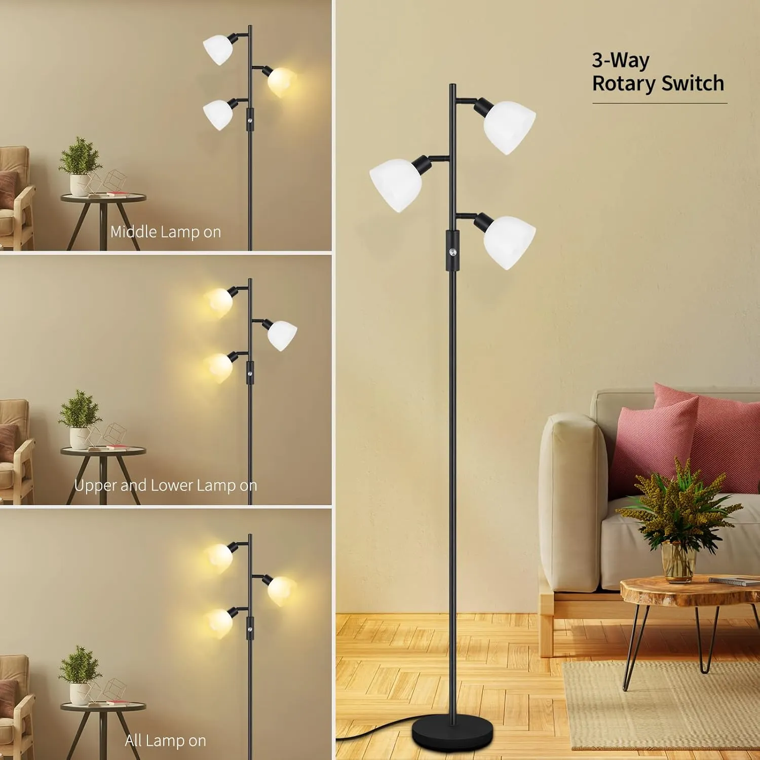 BoostArea Floor Lamp, Standing Lamp, Torchiere Floor Lamp with 3 Adjustable Rotating Lights, 3 Way Switch, 3PCs E12 4W LED Bulb Included, Metal Pole Lamps for Living Room, Bedroom, Home, Office