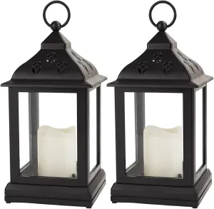 Bright Zeal 2-Pack 9.5" Vintage Decorative Candle Lantern with LED Flickering Flameless Candle (Black, 8hr Timer) - Indoor Hanging Lanterns Decorative Lanterns Battery Powered LED Candle Timer Candle