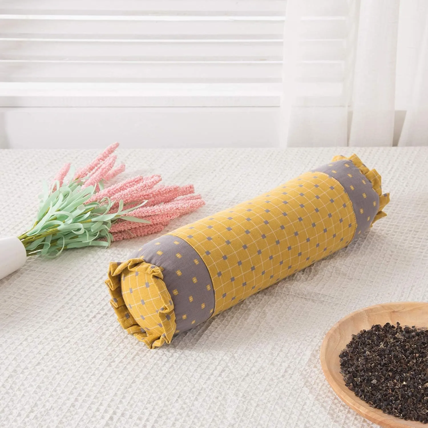 Buckwheat Hulls Roll Cylinder Pillow, Round Cervical with Removable Washable Cotton Cover, Lumbar Hard Bolster Pillow for Head, Neck, Back, and Legs Support (16x4 Inch, Yellow)