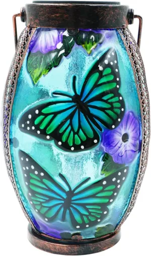 Butterfly Solar Lanterns Glass & Metal Hanging Solar Lantern Outdoor Waterproof 13.8" H Tabletop Light for Garden Patio Table Decor Mother's Day Gift