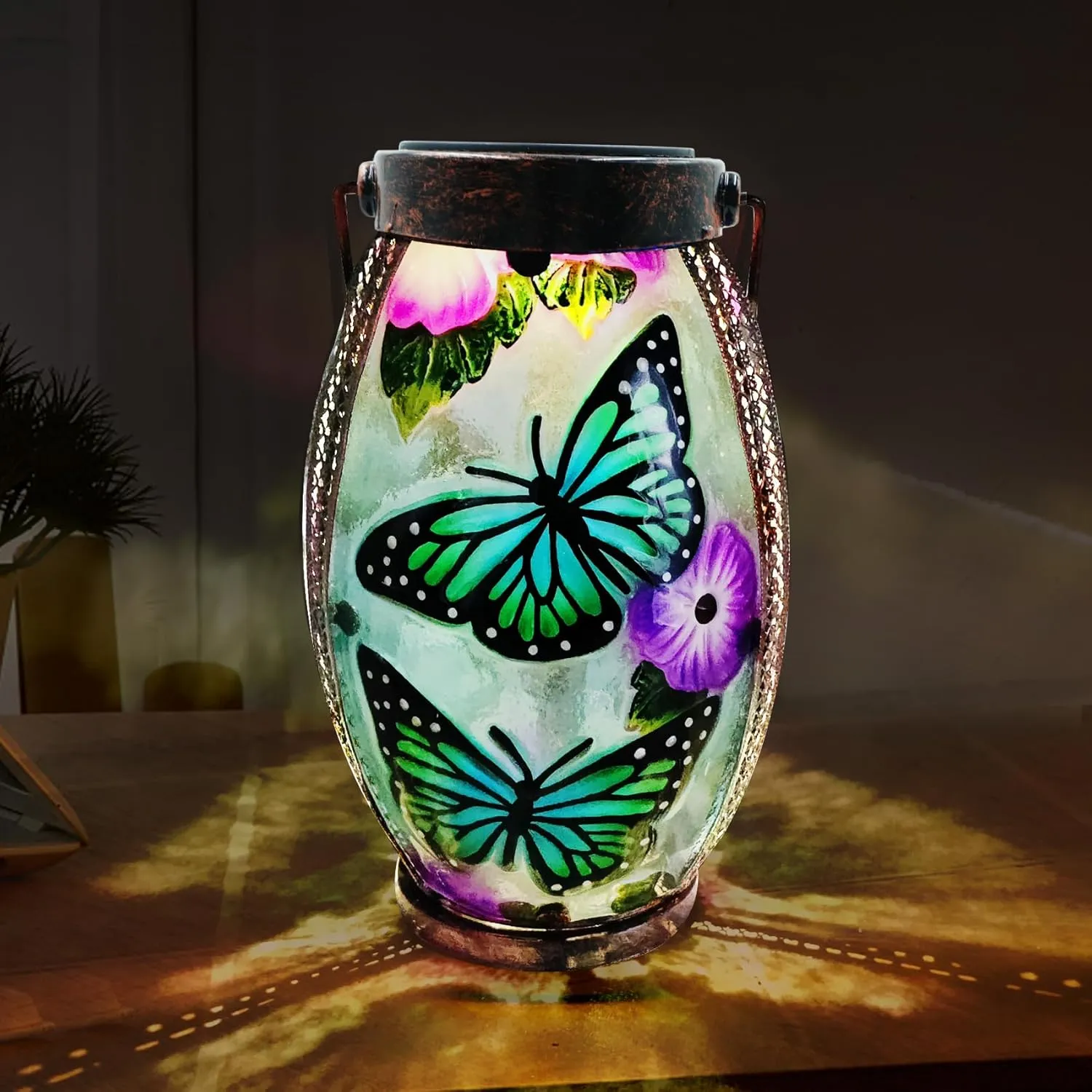 Butterfly Solar Lanterns Glass & Metal Hanging Solar Lantern Outdoor Waterproof 13.8" H Tabletop Light for Garden Patio Table Decor Mother's Day Gift