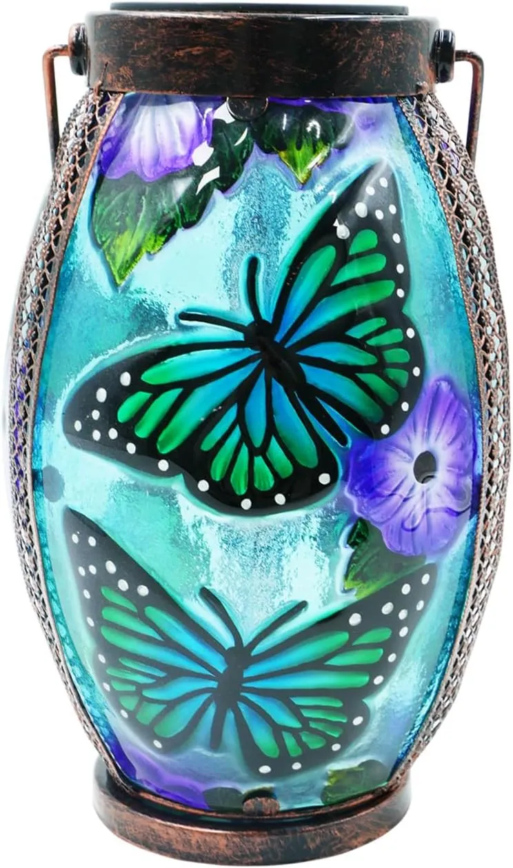 Butterfly Solar Lanterns Glass & Metal Hanging Solar Lantern Outdoor Waterproof 13.8" H Tabletop Light for Garden Patio Table Decor Mother's Day Gift