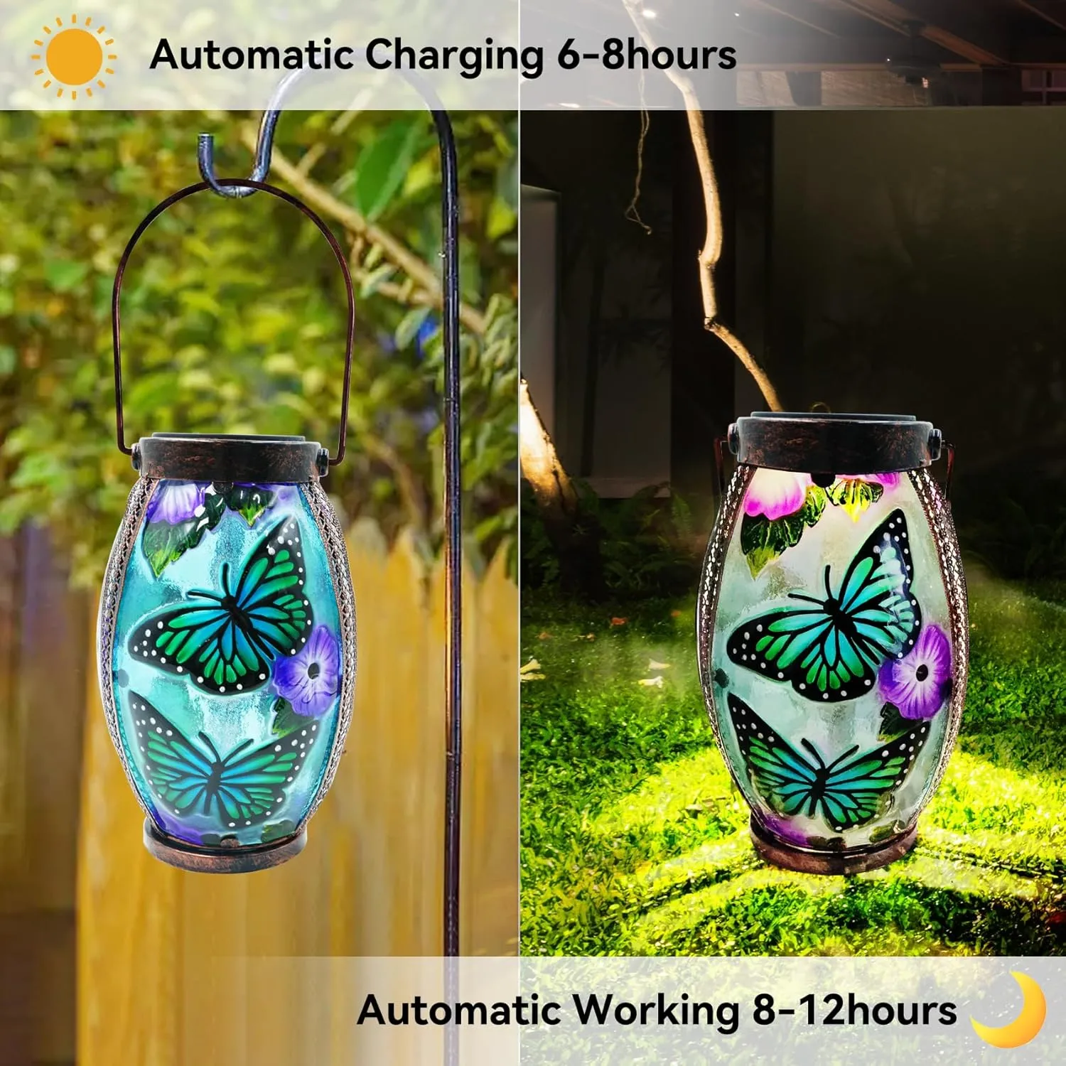 Butterfly Solar Lanterns Glass & Metal Hanging Solar Lantern Outdoor Waterproof 13.8" H Tabletop Light for Garden Patio Table Decor Mother's Day Gift