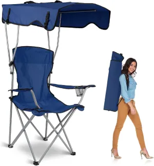 Camp Chair with Shade Canopy, Heavy Duty Max Shade Folding Camping Lawn Chair with Cup Holder, UPF 50  Sun Protection Portable Beach Lounge Chair for Outdoor Sports, Support 350LBS (Navy Blue)
