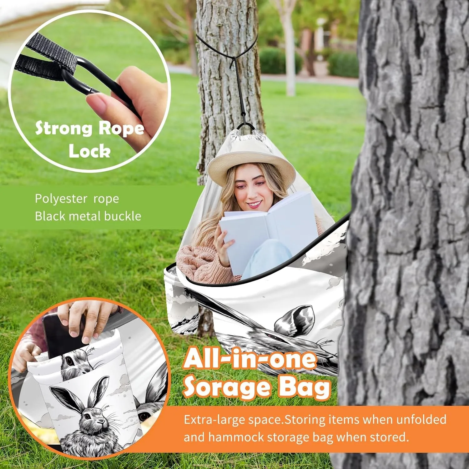 Camping Hammock Double & Single Portable Hammocks with 2 Tree Straps, Great for Hiking,Backpacking,Hunting,Outdoor,Beach,Camping, Rabbit (29)