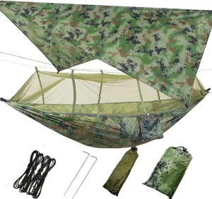 Camping Hammock for Outdoors, Double & Single Camping Hammock with Mosquito Netting, Hammock for Backpacking, Camping, Travel, Beach, Garden (Camouflage Green)