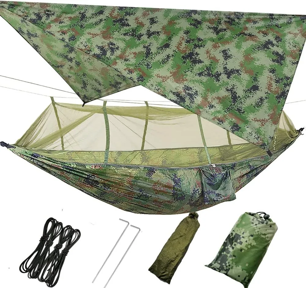 Camping Hammock for Outdoors, Double & Single Camping Hammock with Mosquito Netting, Hammock for Backpacking, Camping, Travel, Beach, Garden (Camouflage Green)