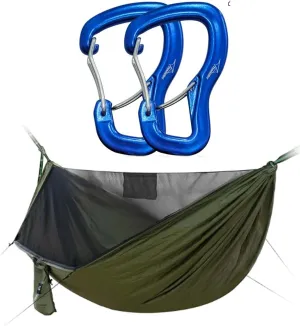 Camping Hammock with Mosquito Net and Ridge Rope with 2 Carabiner Clip Hooks, All-in-one Fast Open Hammock, Lightweight Portable Hammocks Swing for for Camping, Hiking, Backpacking