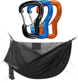 Camping Hammock with Mosquito Net and Ridge Rope with 3 Carabiner Clip Hooks, All-in-one Fast Open Hammock, Lightweight Portable Hammocks Swing for for Camping, Hiking, Backpacking