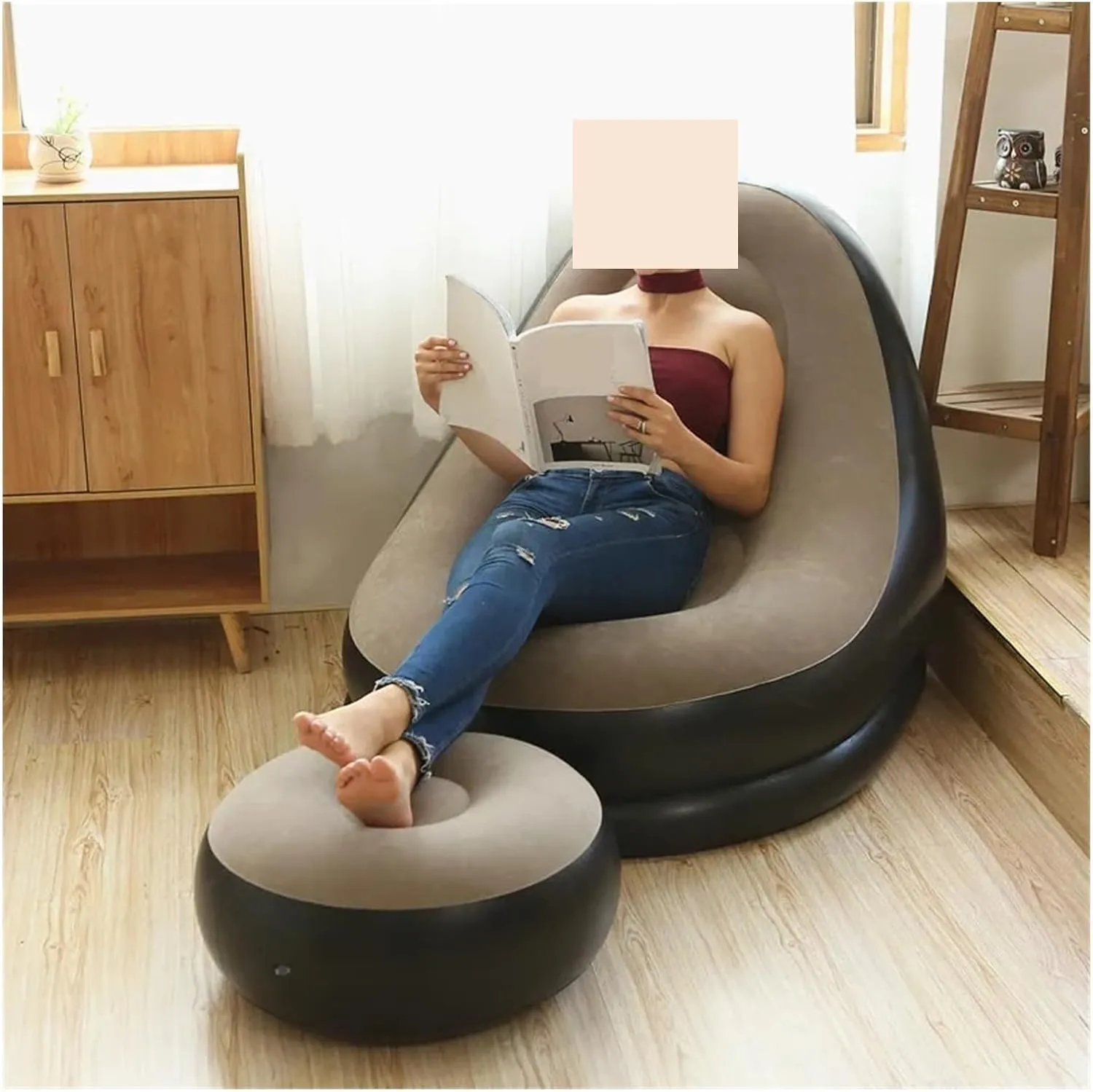 Camping Outfit Inflatable Lazy Sofa with Pedal Folding Recliner Outdoor and Indoor Bed Flocking Chair Beach Camping Garden Fashionable (Color : Brown Lazy Sofa)