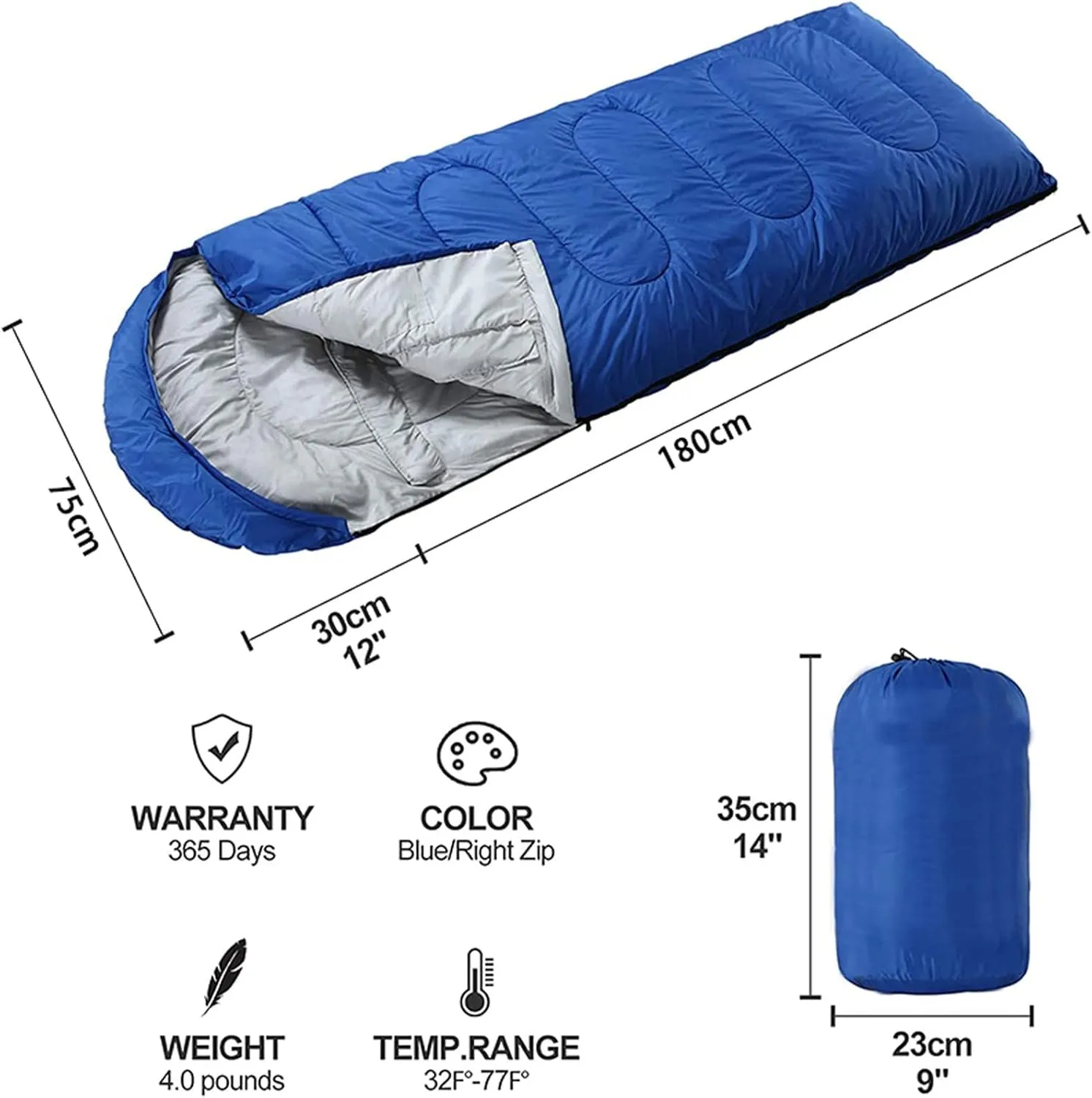 Camping Sleeping Bag,Sleeping Bag Ultralight Camping Waterproof Sleeping Bags Thickened Winter Warm Sleeping Bag Adult Outdoor Camping Sleeping Bags (Color : Blue, Size : 180 * 30 * 75cm)