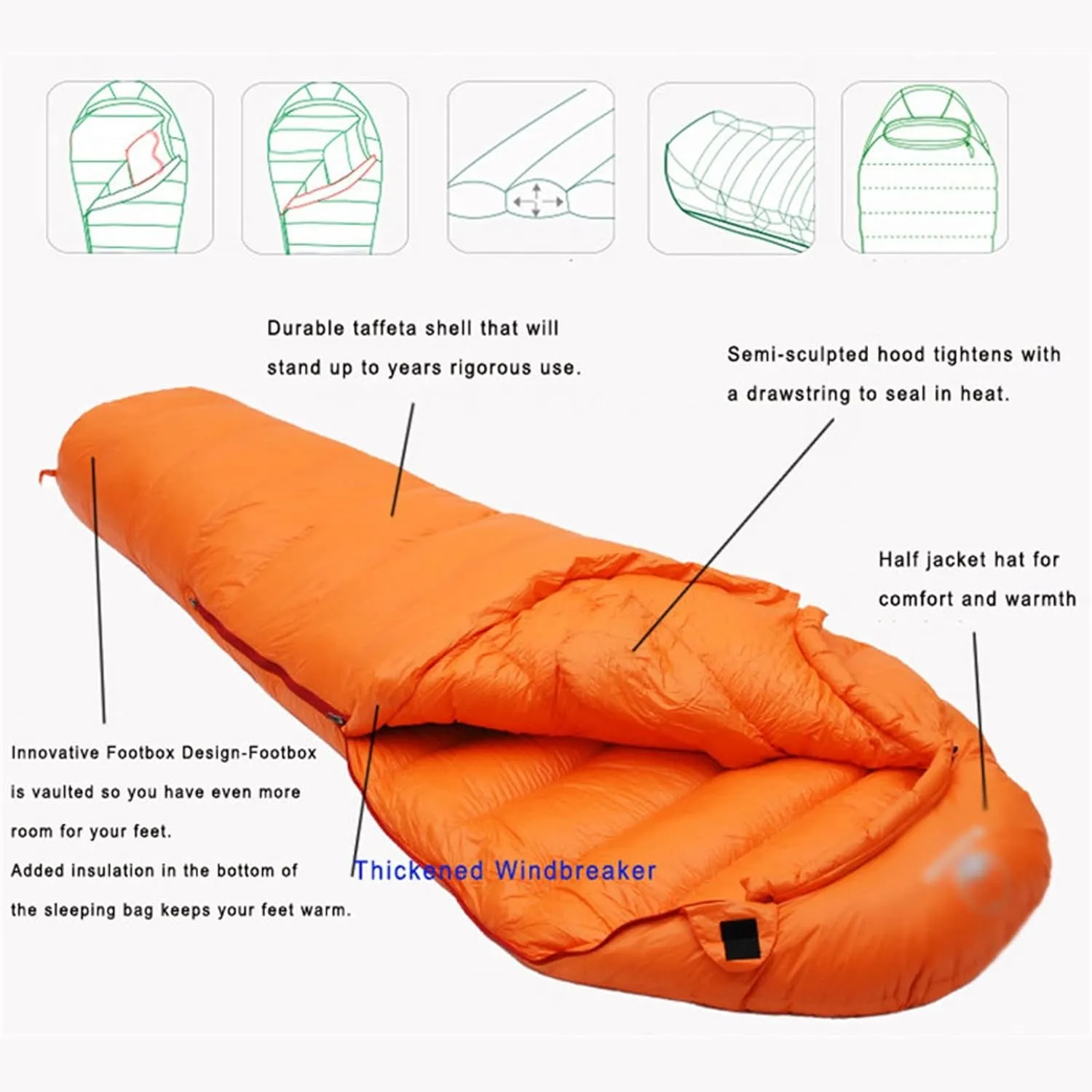 Camping Sleeping Bag,Very Warm White Goose Down Filled Adult Mummy Style Sleeping Bag Fit for Winter Thermal 4 Kinds of Thickness Camping Travel (Color : Green, Size : 1450g)