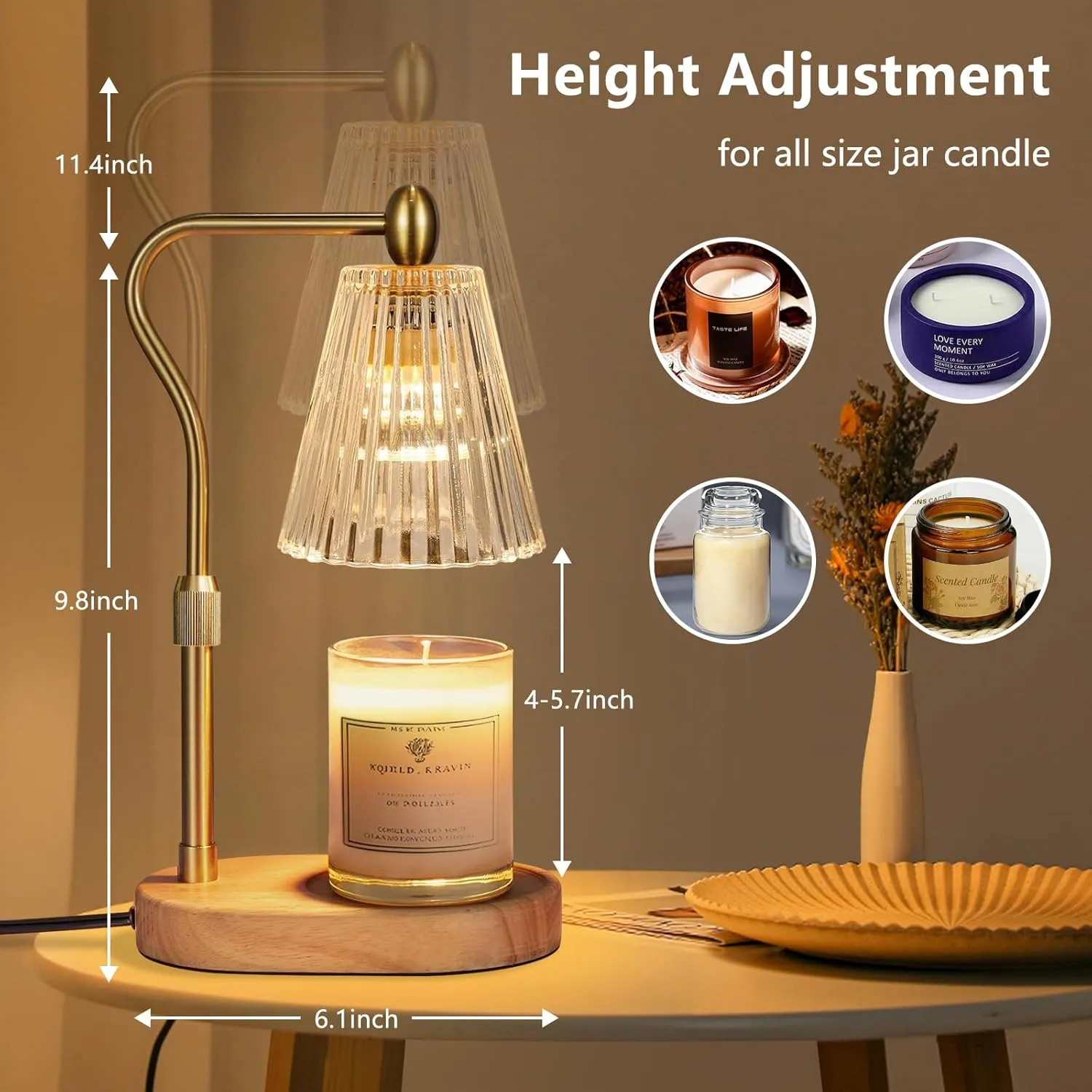 Candle Warmer Lamp - Candle Warmer Lamp with Timer and Dimmer Adjustable Height,Electric Wax Melt Warmer with 2 Bulbs for Scented Jar Candles Home Decor Mother's Day Gifts