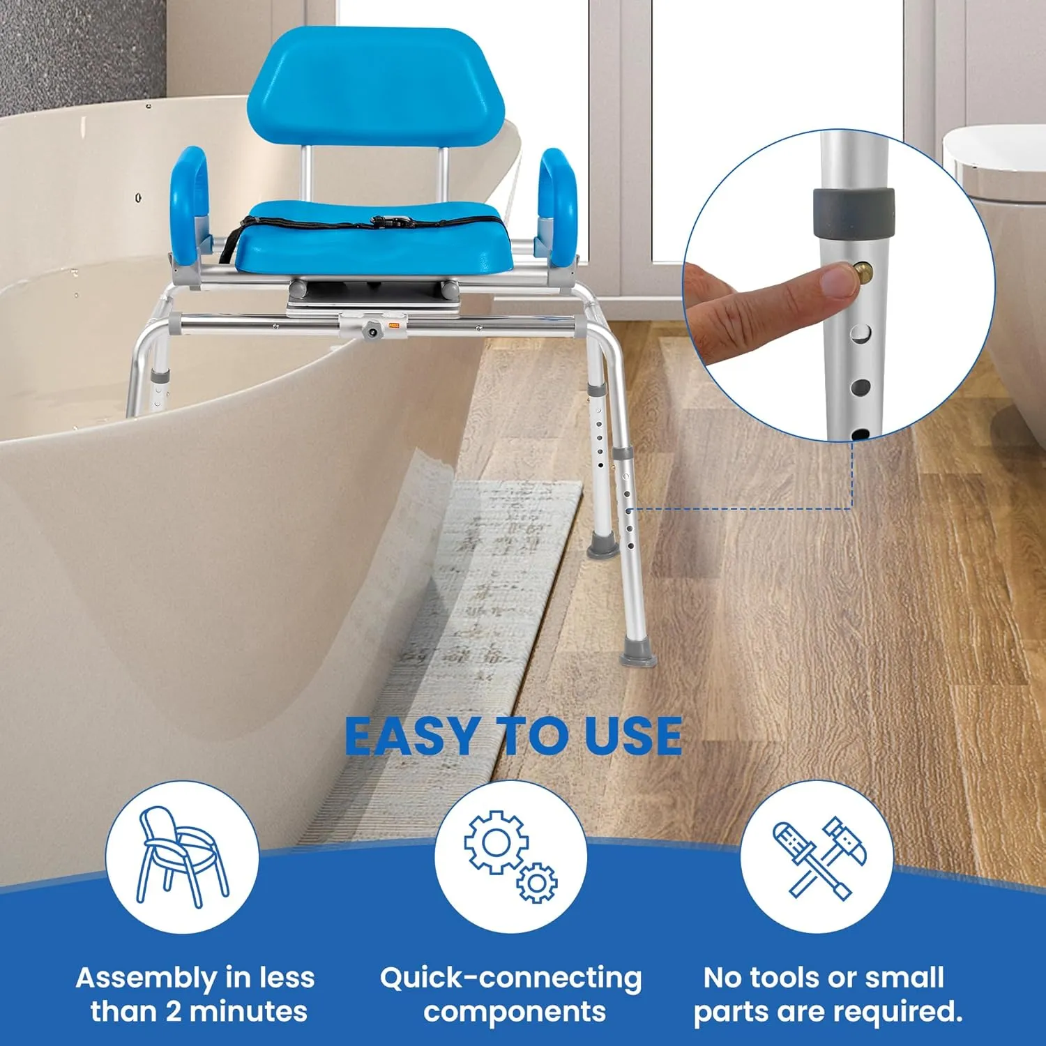 Carousel Sliding Shower Chair Transfer Bench with Swivel Seat, Premium Padded Bath, with Pivoting Arms, Adjustable Space Saving Design for Tubs, Shower, for Handicap & Seniors, Blue