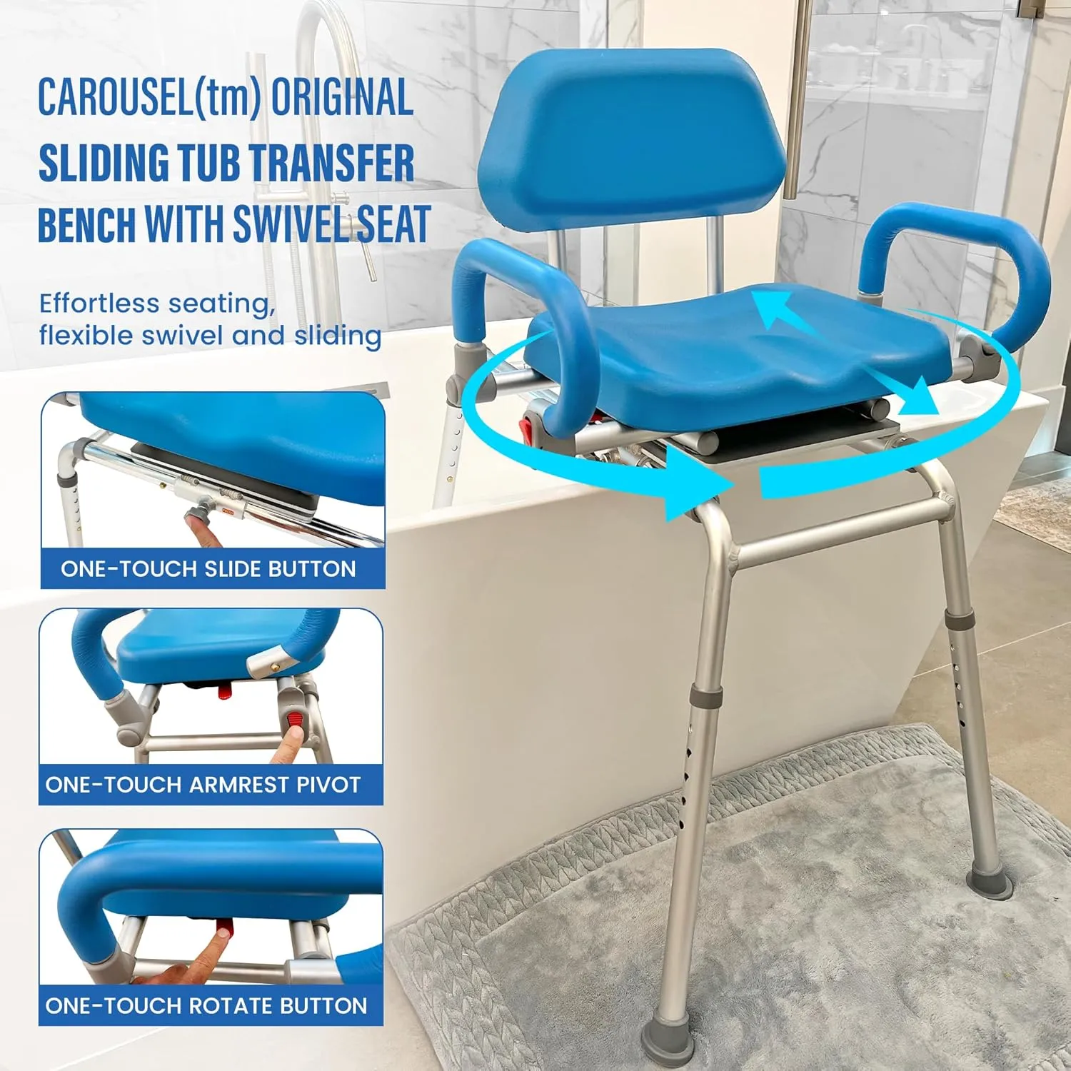 Carousel Sliding Shower Chair Transfer Bench with Swivel Seat, Premium Padded Bath, with Pivoting Arms, Adjustable Space Saving Design for Tubs, Shower, for Handicap & Seniors, Blue