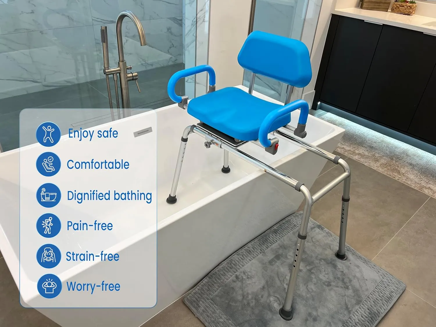 Carousel Sliding Shower Chair Transfer Bench with Swivel Seat, Premium Padded Bath, with Pivoting Arms, Adjustable Space Saving Design for Tubs, Shower, for Handicap & Seniors, Blue