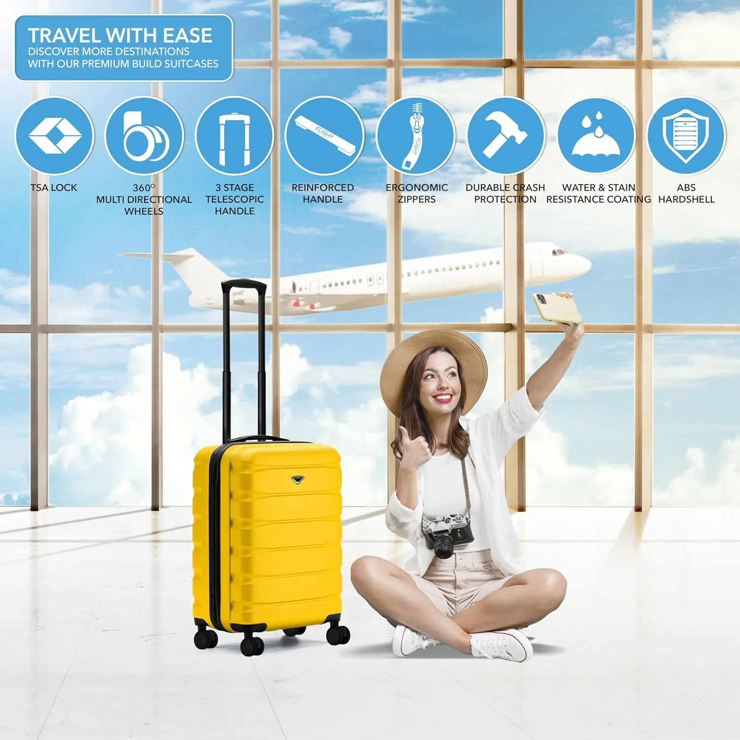 Carry On Suitcase 24x16x10 Hardside Built In TSA Lock & USB Port Lightweight Luggage Silent Double Spinner Wheels Maximum Overhead Carry-On Bag For Virgin & South West Approved Airlines