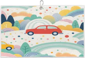 Cartoon Car Landscape Hand Painting Golf Towel with Heavy Duty Carabiner Clip Quick Dry Ultra Absorbent Club Ball Cleaning Towel Golf Accessories for Men Women