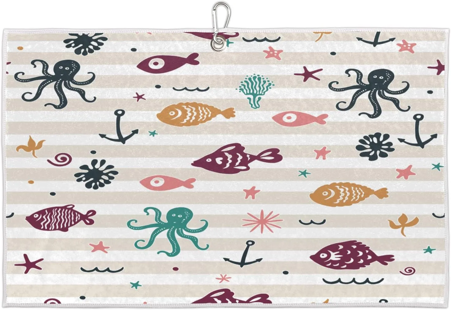 Cartoon Striped Fishers Golf Towel with Heavy Duty Carabiner Clip Quick Dry Ultra Absorbent Club Ball Cleaning Towel Golf Accessories for Men Women
