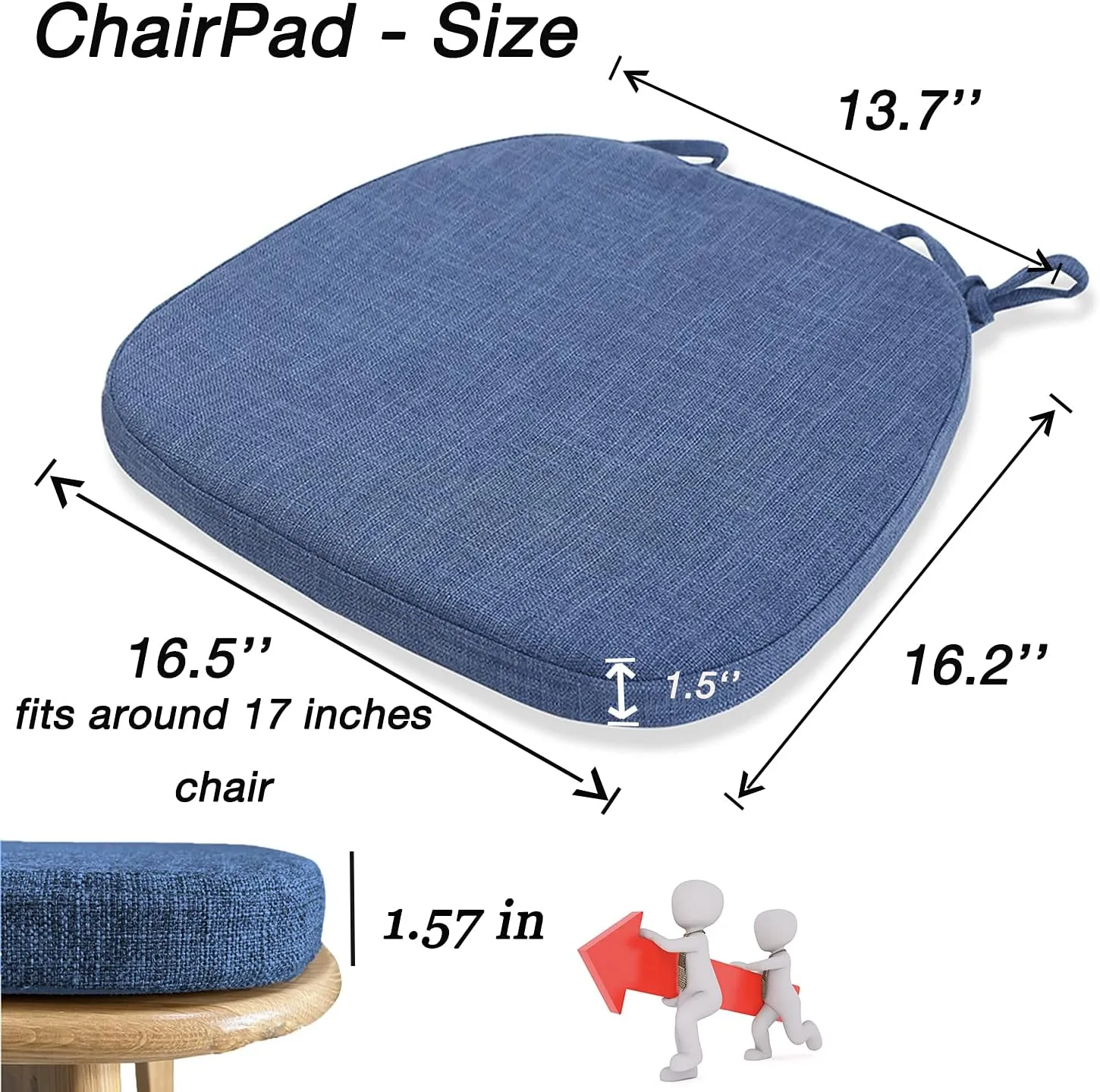 Chair Cushion with Ties for Dining Chairs - Memory Foam Non Slip Kitchen Chair Pad and Dining Seat Cushion with Machine Washable Cover [16.5 x 16.2 Inches] - Blue
