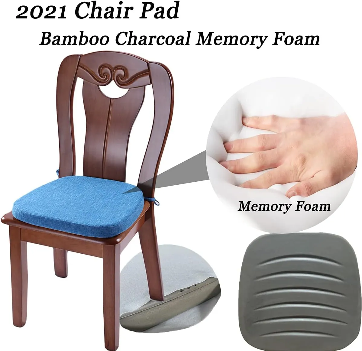 Chair Cushion with Ties for Dining Chairs - Memory Foam Non Slip Kitchen Chair Pad and Dining Seat Cushion with Machine Washable Cover [16.5 x 16.2 Inches] - Blue