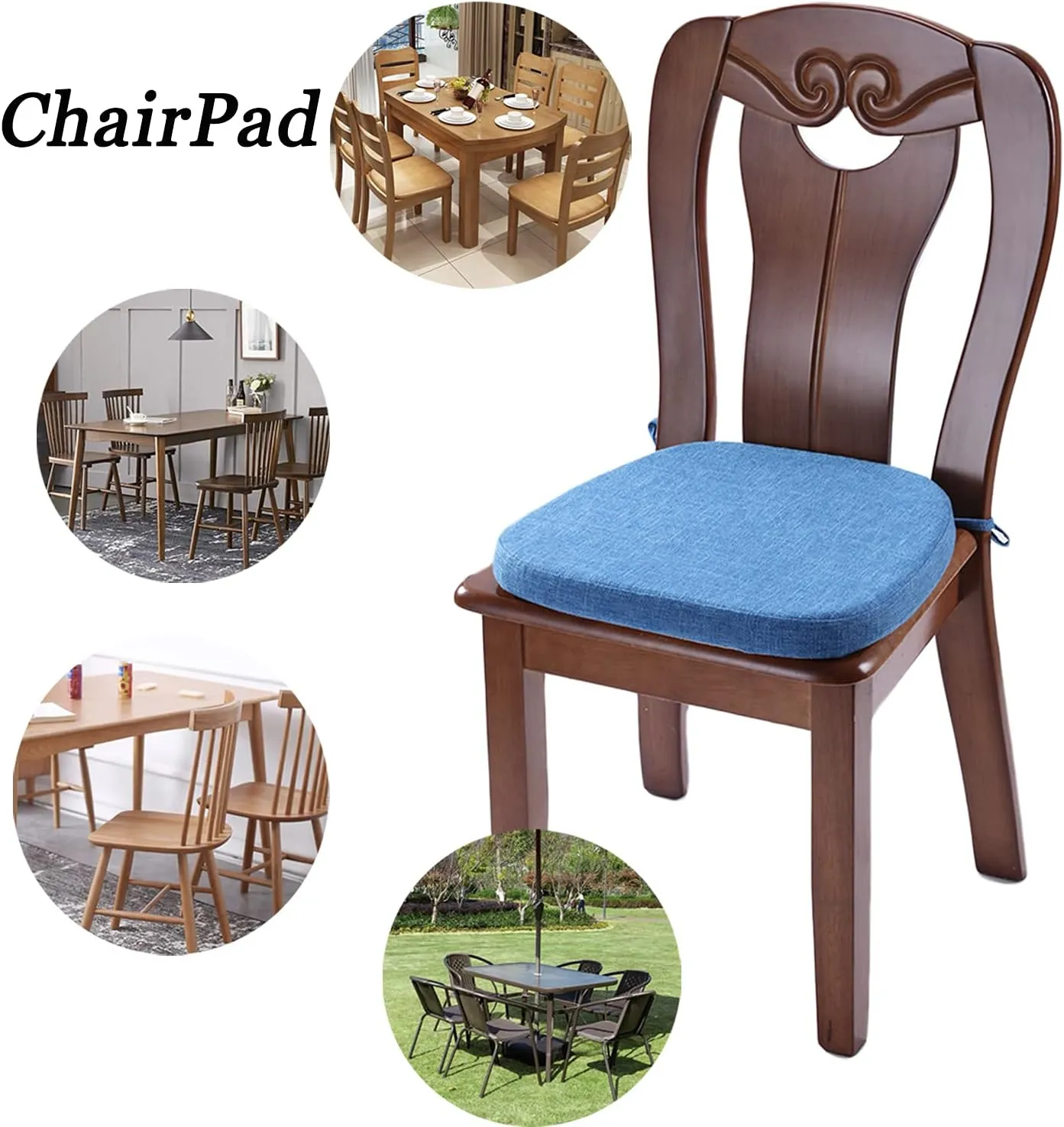 Chair Cushion with Ties for Dining Chairs - Memory Foam Non Slip Kitchen Chair Pad and Dining Seat Cushion with Machine Washable Cover [16.5 x 16.2 Inches] - Blue