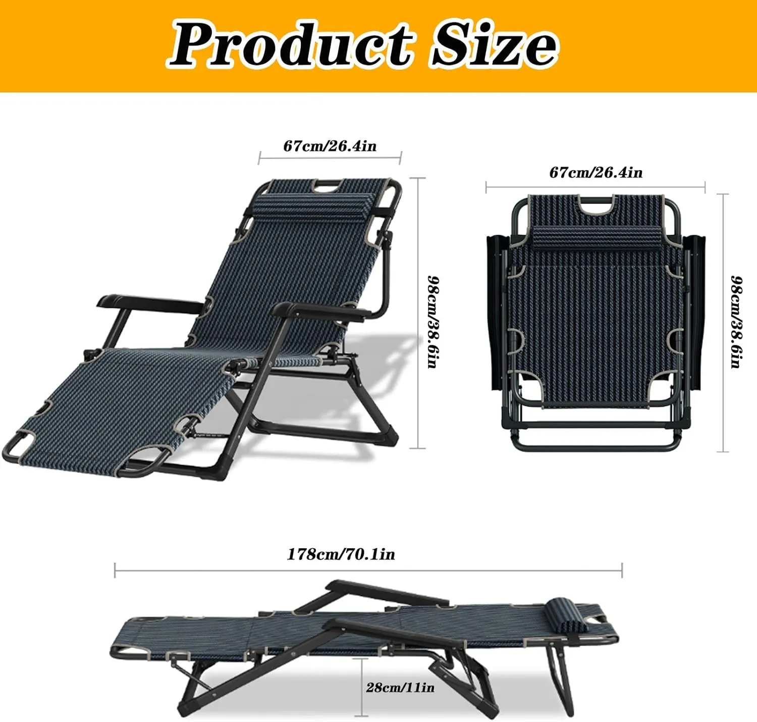 Chairs Black Folding Portable Relaxing Chair Sun Lounger Garden Furniture Outdoor Beach Pool Camping, Supports 440LB (Recliner