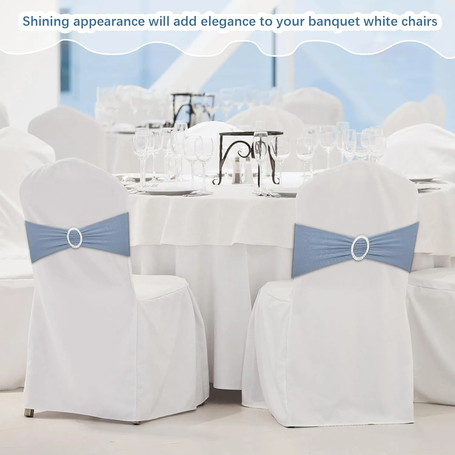CHENGU 150 Pieces Spandex Stretch Chair Sashes Bows Elastic Chair Cover Bands Ties with Buckle Slider for Wedding Party Reception Events Universal Ceremony Banquet Decorations(Dusty Blue)