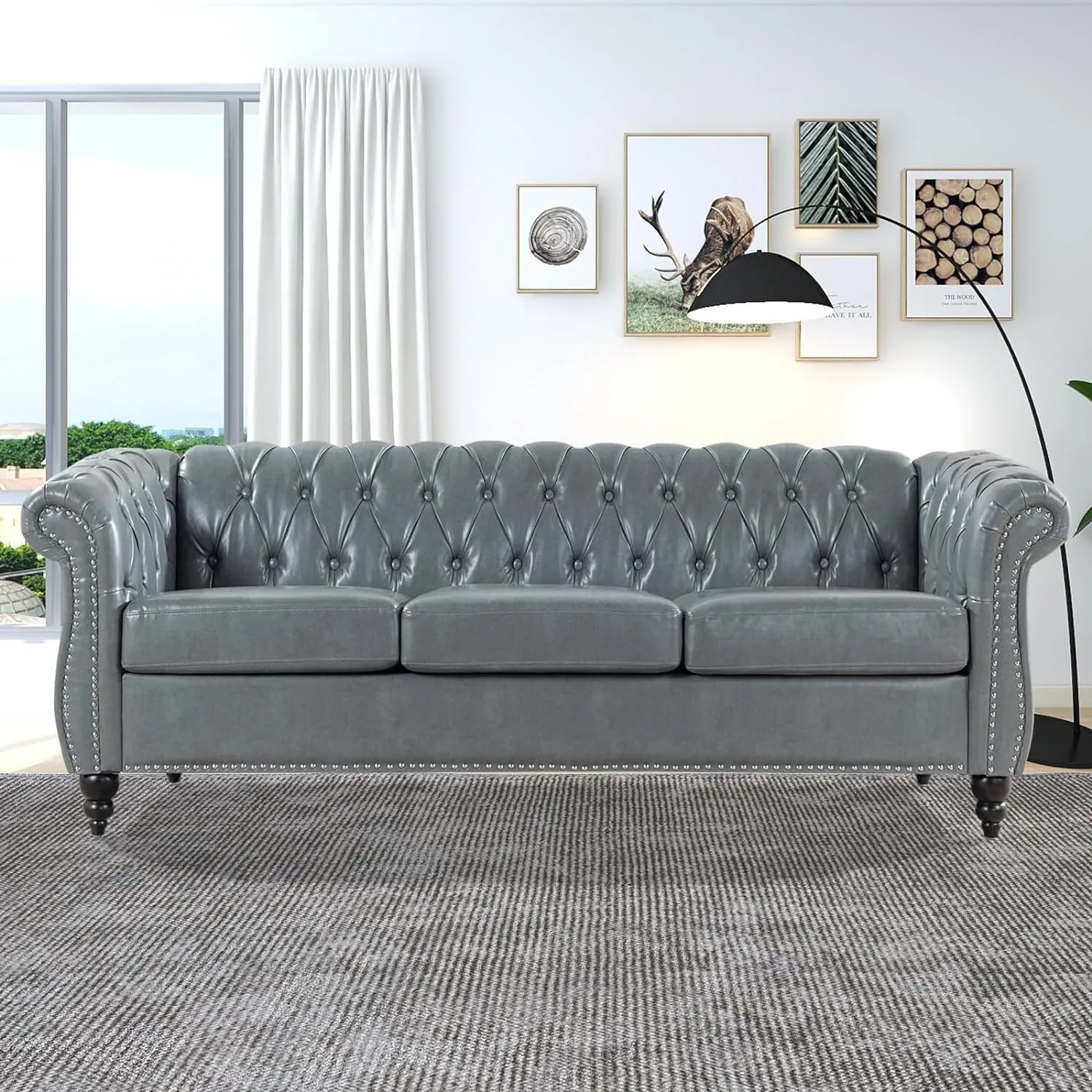 Chesterfield 2 Piece Set, Modern Faux Leather 3 Seater Couches and Sofa Chairs, Upholstered Tufted Button,Scroll Arms and Nailhead Trim, Sectional Sofa Set for Living Room Office Bedroom