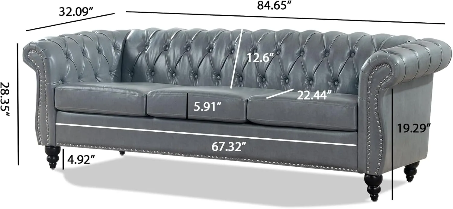 Chesterfield 2 Piece Set, Modern Faux Leather 3 Seater Couches and Sofa Chairs, Upholstered Tufted Button,Scroll Arms and Nailhead Trim, Sectional Sofa Set for Living Room Office Bedroom