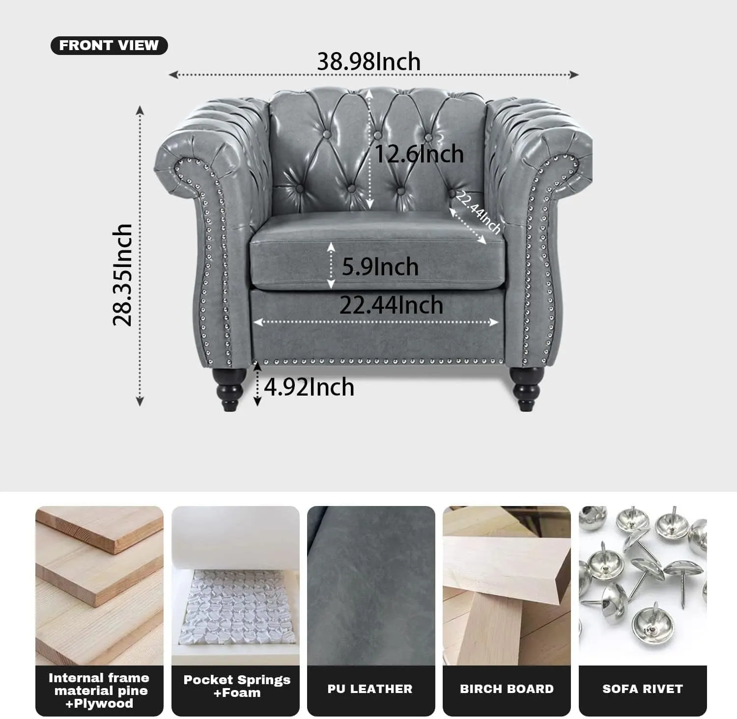 Chesterfield 2 Piece Set, Modern Faux Leather 3 Seater Couches and Sofa Chairs, Upholstered Tufted Button,Scroll Arms and Nailhead Trim, Sectional Sofa Set for Living Room Office Bedroom
