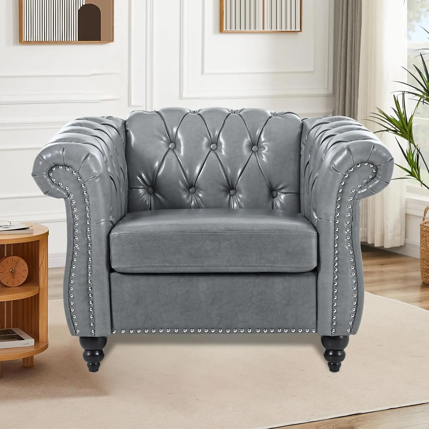 Chesterfield 2 Piece Set, Modern Faux Leather 3 Seater Couches and Sofa Chairs, Upholstered Tufted Button,Scroll Arms and Nailhead Trim, Sectional Sofa Set for Living Room Office Bedroom