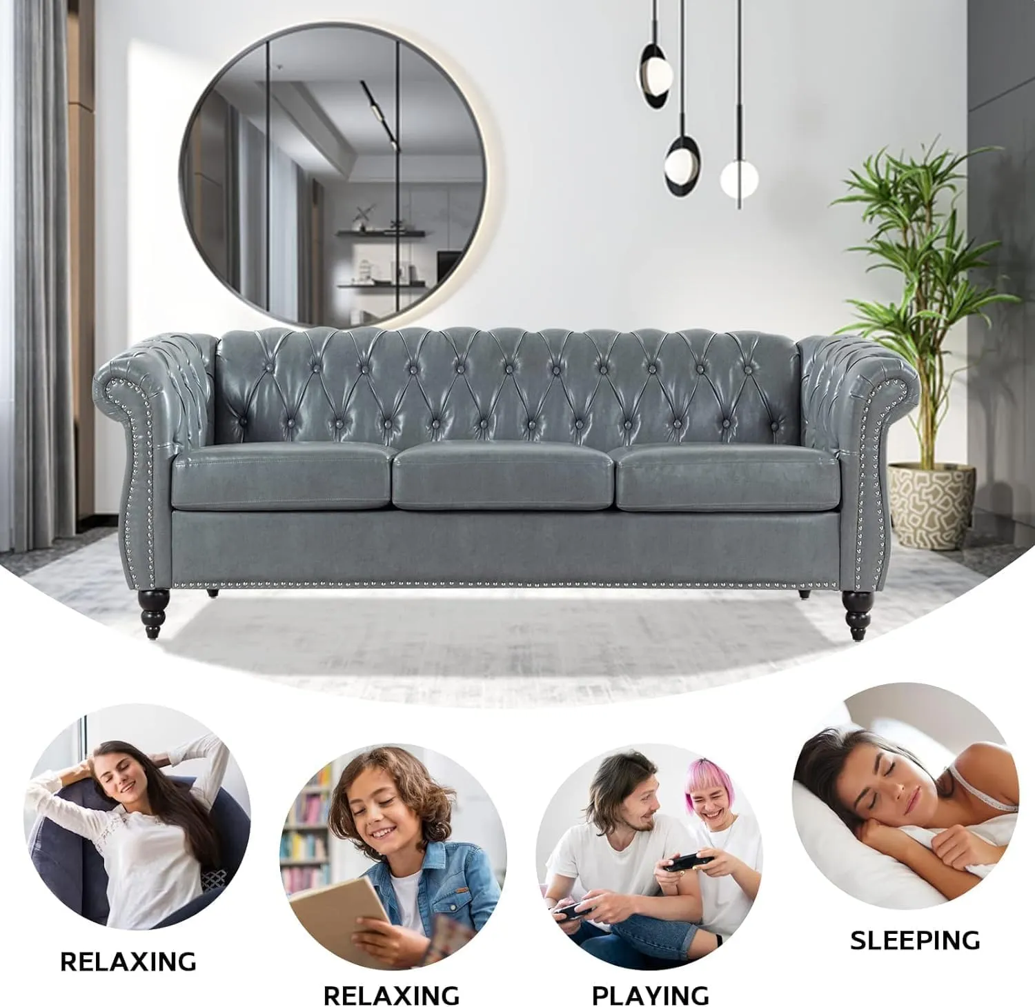 Chesterfield 2 Piece Set, Modern Faux Leather 3 Seater Couches and Sofa Chairs, Upholstered Tufted Button,Scroll Arms and Nailhead Trim, Sectional Sofa Set for Living Room Office Bedroom