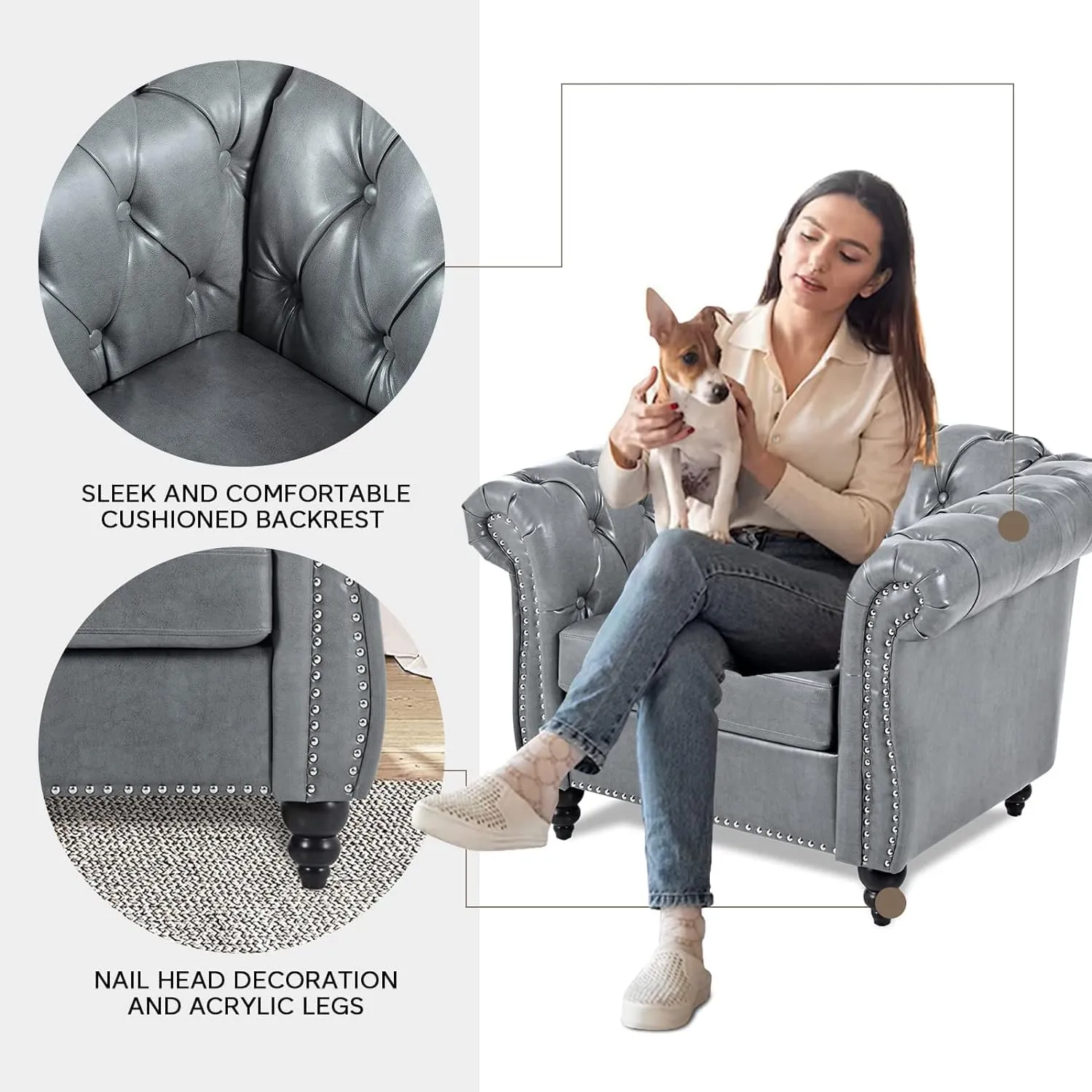 Chesterfield 2 Piece Set, Modern Faux Leather 3 Seater Couches and Sofa Chairs, Upholstered Tufted Button,Scroll Arms and Nailhead Trim, Sectional Sofa Set for Living Room Office Bedroom