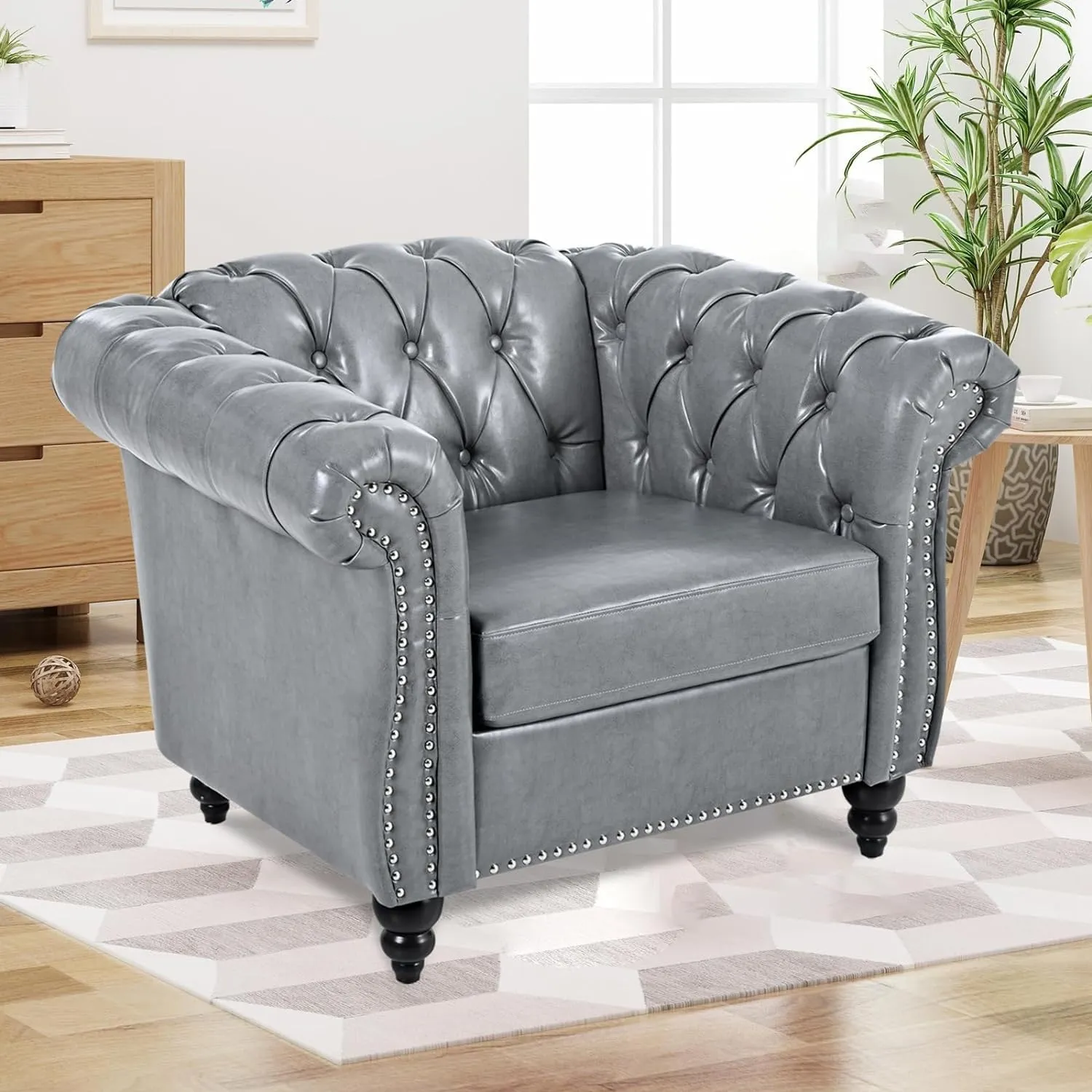 Chesterfield 2 Piece Set, Modern Faux Leather 3 Seater Couches and Sofa Chairs, Upholstered Tufted Button,Scroll Arms and Nailhead Trim, Sectional Sofa Set for Living Room Office Bedroom