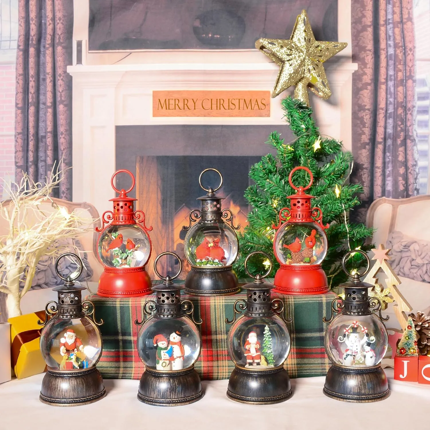 Christmas Snow Globes, 8" Santa Claus Glitter Water Lantern with 8 Songs, 6H Timer Battery & USB Powered Music Box for Christmas Decorations Indoor
