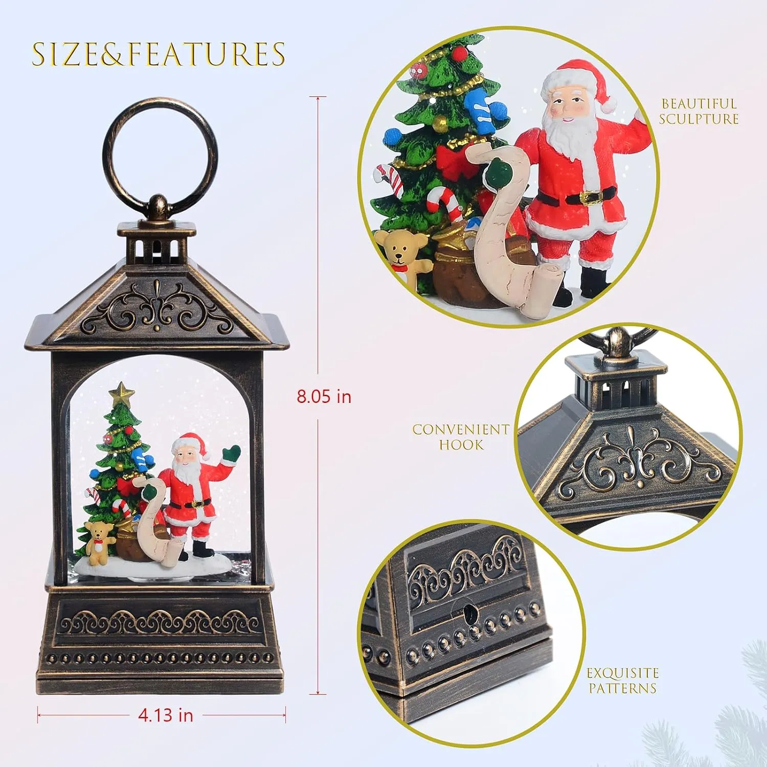 Christmas Snow Globes, 8" Santa Claus Glitter Water Lantern with 8 Songs, 6H Timer Battery & USB Powered Music Box for Christmas Decorations Indoor