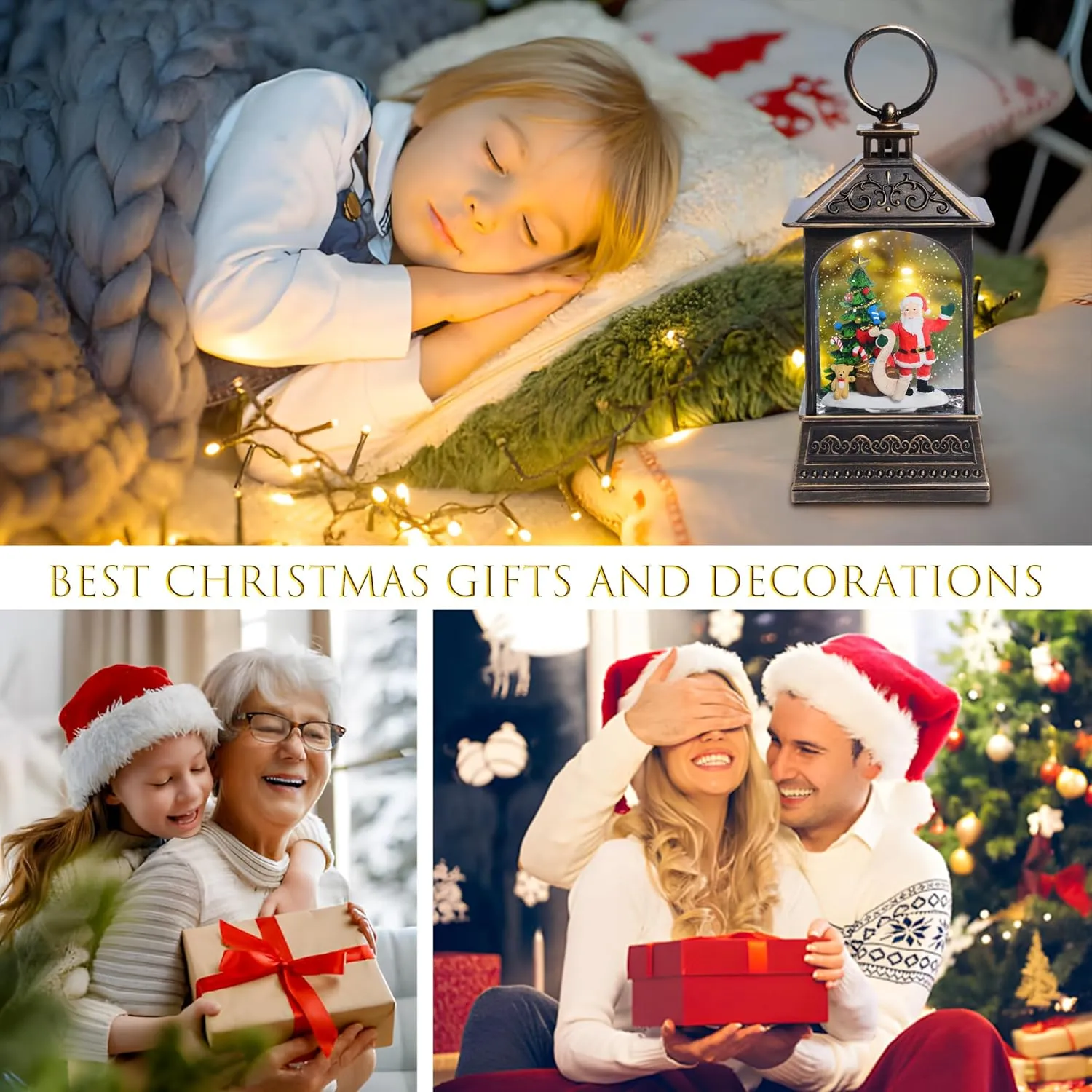 Christmas Snow Globes, 8" Santa Claus Glitter Water Lantern with 8 Songs, 6H Timer Battery & USB Powered Music Box for Christmas Decorations Indoor