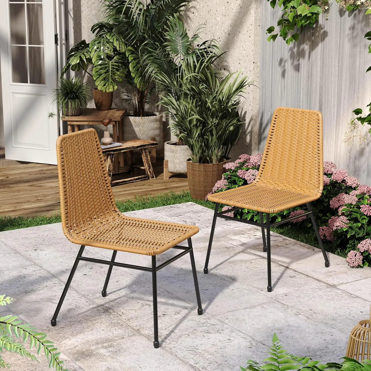 Christopher Knight Home Woven Dining Chairs Set of 2, Rattan Backrest Chairs, Iron Frame Legs Kitchen Chairs, Basket Dining Chairs, Wicker Seating Chairs for Garden, Balcony, Dining Room, Light Brown