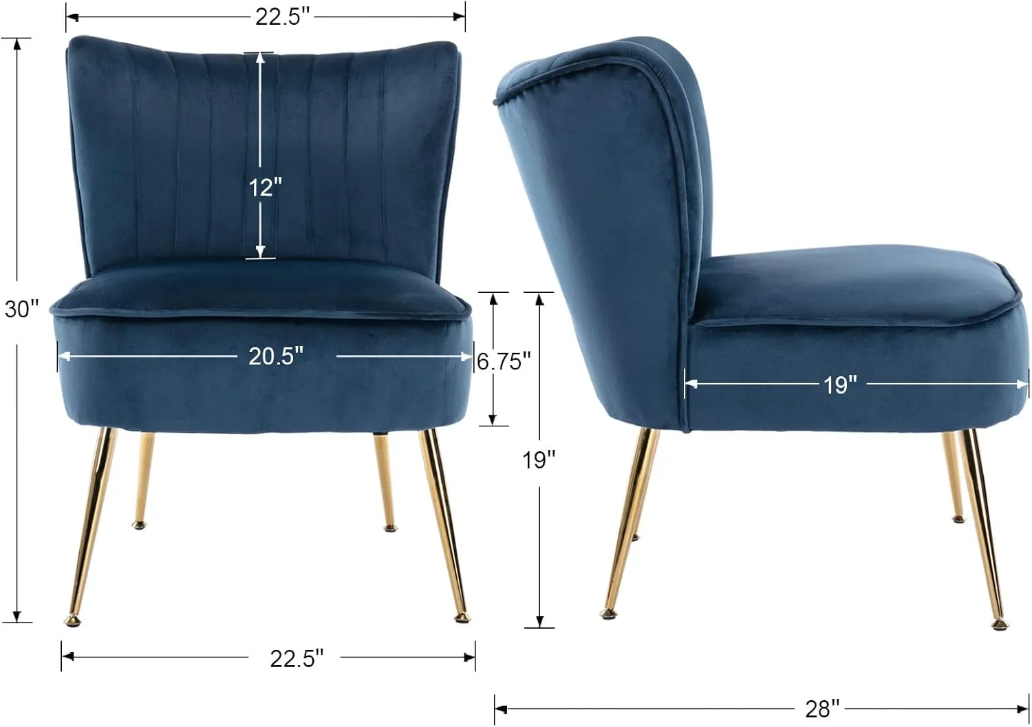 CIMOTA Velvet Accent Chairs Set of 2 Modern Armless Slipper Wingback Single Sofa Side Comfy Corner Chair with Golden Legs for Living Room Bedroom, Navy Blue