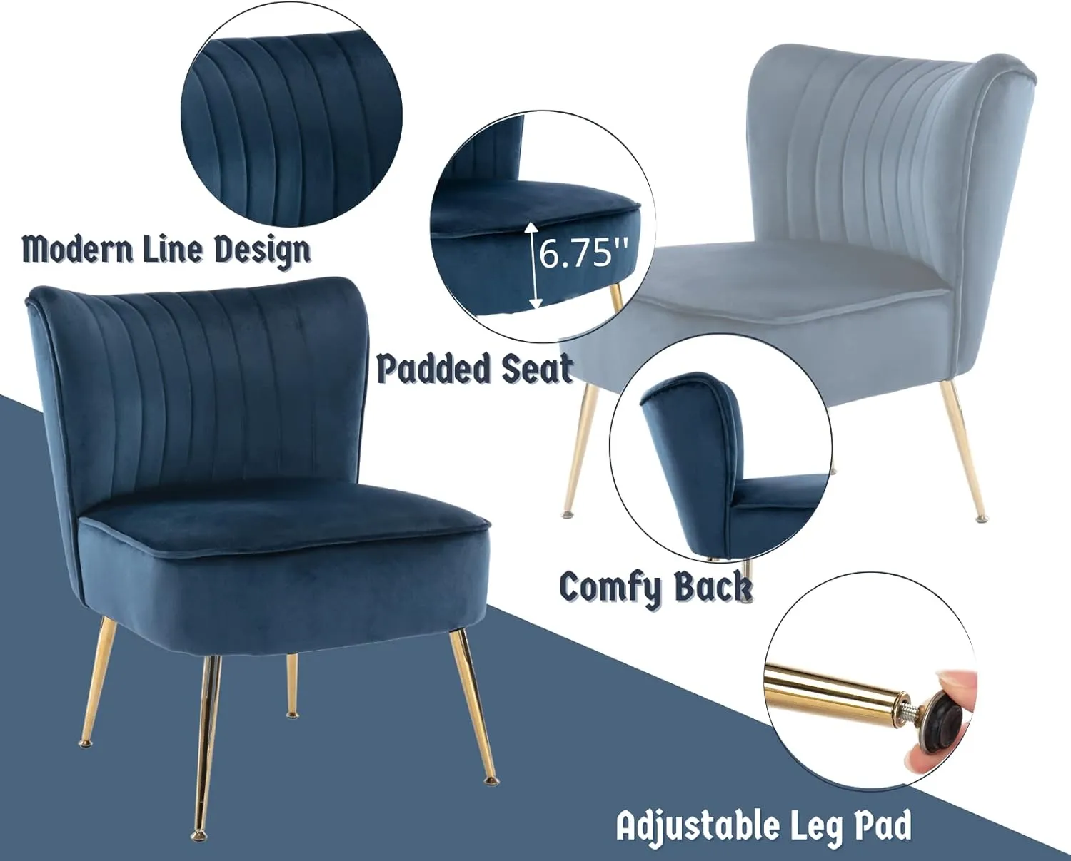 CIMOTA Velvet Accent Chairs Set of 2 Modern Armless Slipper Wingback Single Sofa Side Comfy Corner Chair with Golden Legs for Living Room Bedroom, Navy Blue